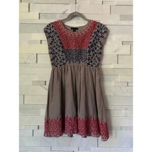 FOREVER 21 100% Silk with cotton embroidered details crewneck dress S Gray Red